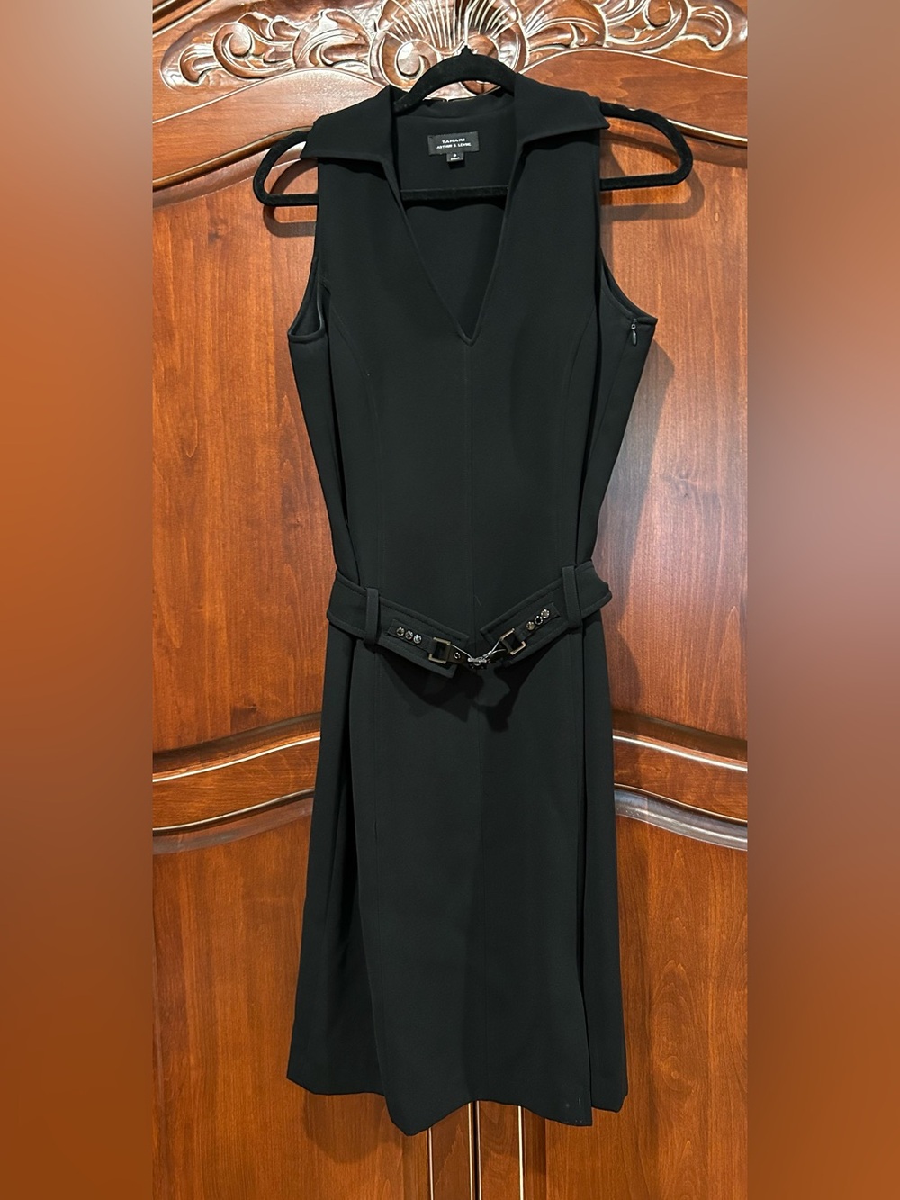 Tahari Black Sleeveless V-Neck Dress with Belted Waist
